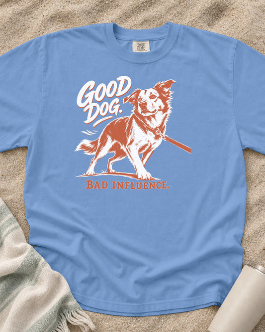 Washed Denim Comfort Colors 1717 tee with Good Dog. Bad Influence graphic.