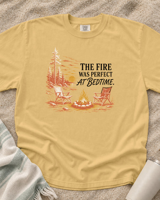 Mustard Comfort Colors 1717 tee with The Fire Was Perfect at Bedtime graphic.
