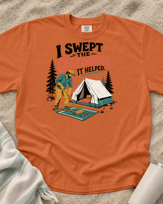 Burnt Orange Comfort Colors 1717 tee with I Swept the Outdoors graphic.