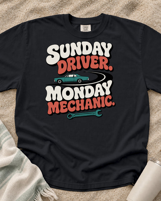 Graphite Comfort Colors 1717 tee with Sunday Driver, Monday Mechanic graphic.
