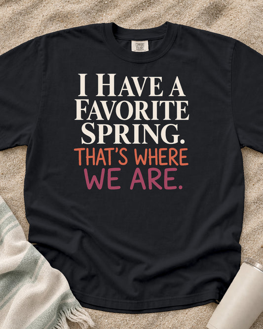 Graphite Comfort Colors 1717 tee with I Have a Favorite Spring. That's Where We Are graphic.
