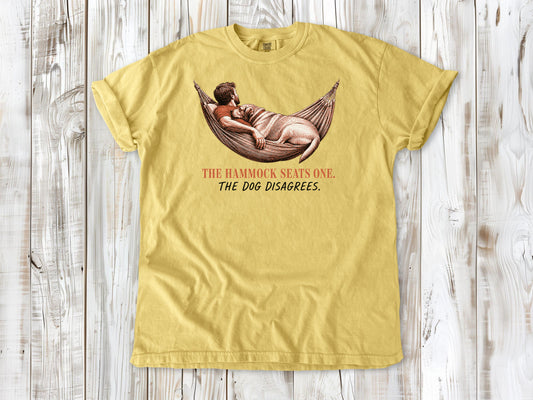 Grey garment-dyed tee with The Hammock Seats One The Dog Disagrees dog graphic.