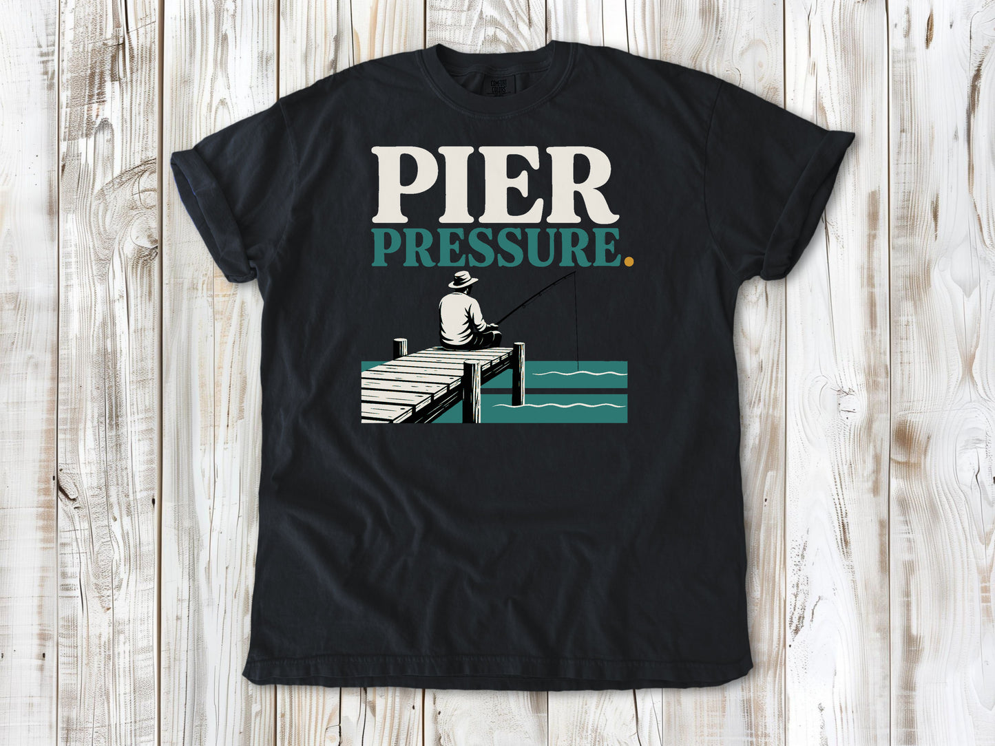 Washed Denim garment-dyed tee with Pier Pressure fishing graphic.