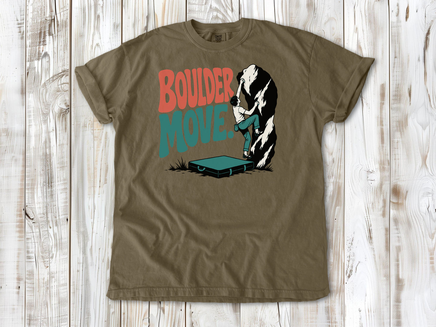 Graphite garment-dyed tee with Boulder Move bouldering graphic.