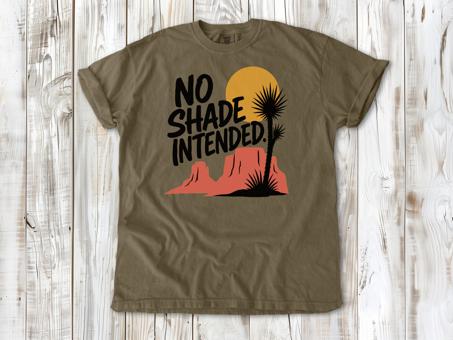 Graphite garment-dyed tee with No Shade Intended desert hiking graphic.