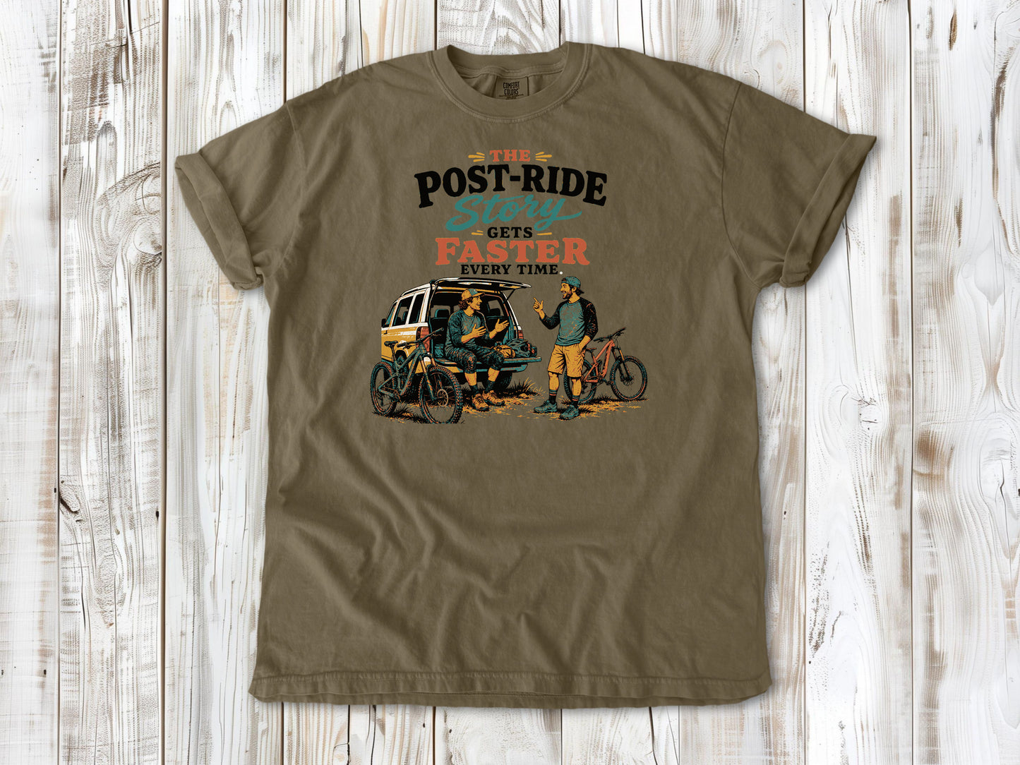 Graphite garment-dyed tee with The Post-Ride Story Gets Faster Every Time mountain bike graphic.