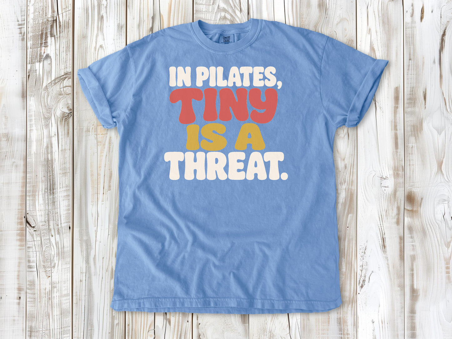 Washed Denim garment-dyed tee with In Pilates Tiny Is a Threat studio humor graphic.
