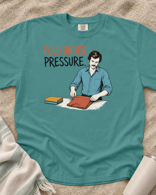 Seafoam Comfort Colors 1717 tee with Fold Under Pressure graphic.