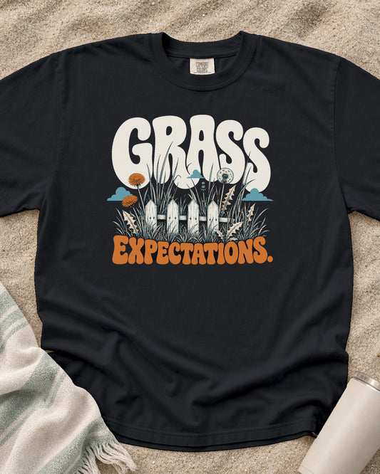 Graphite Comfort Colors 1717 tee with Grass Expectations graphic.