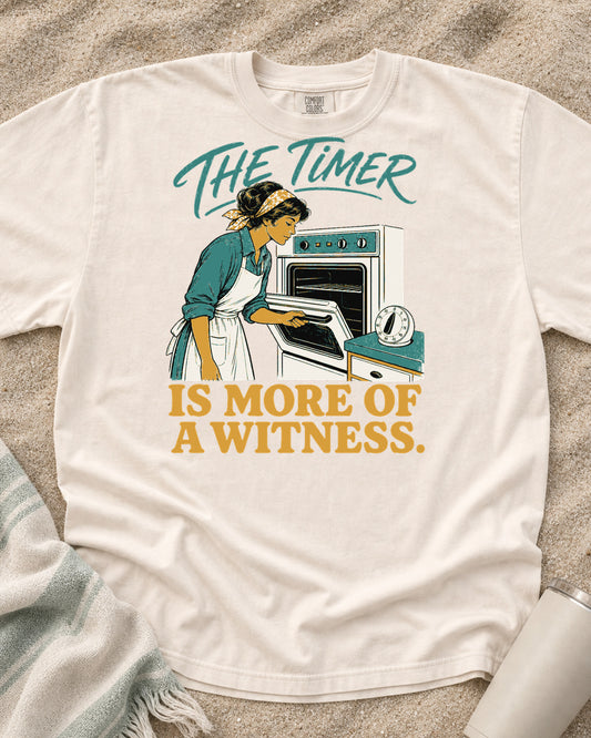 Ivory Comfort Colors 1717 tee with The Timer Is More of a Witness graphic.