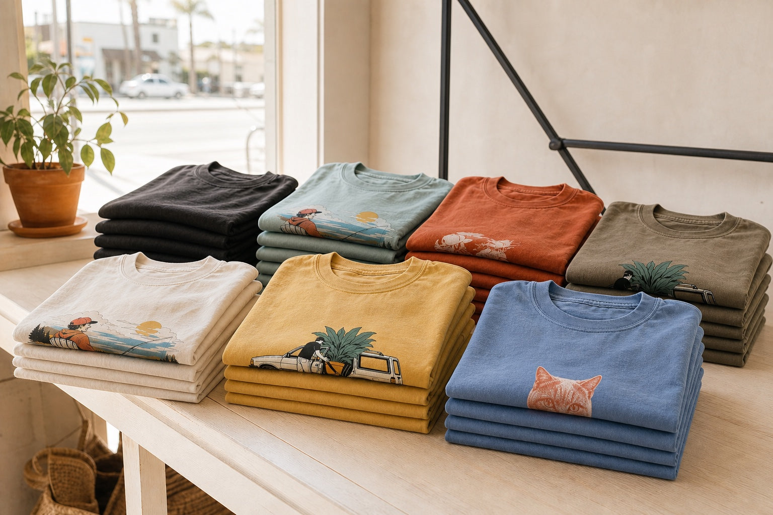 Stacks of garment-dyed Smokey graphic tees in a bright coastal storefront.