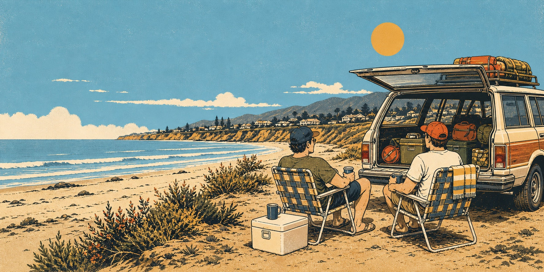 Illustrated Ventura beach afternoon with two people seated beside a station wagon.