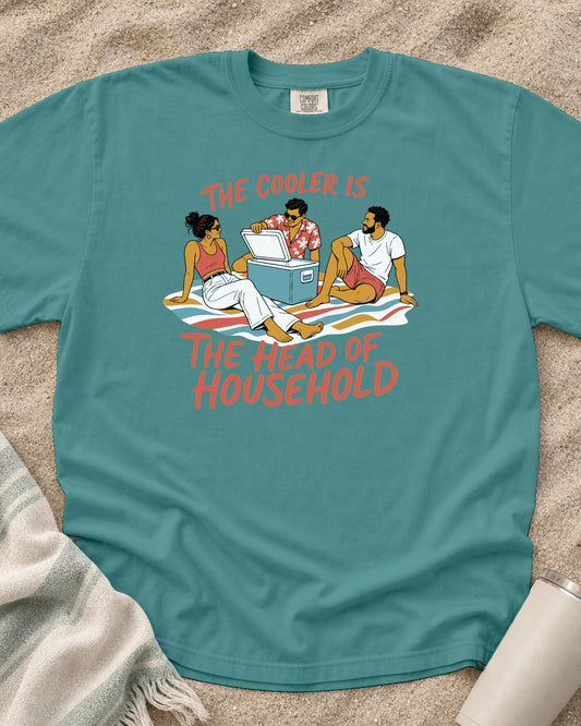 Seafoam Comfort Colors 1717 tee with The Cooler Is the Head of Household graphic.