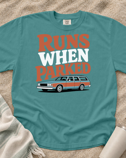 Seafoam Comfort Colors 1717 tee with Runs When Parked graphic.