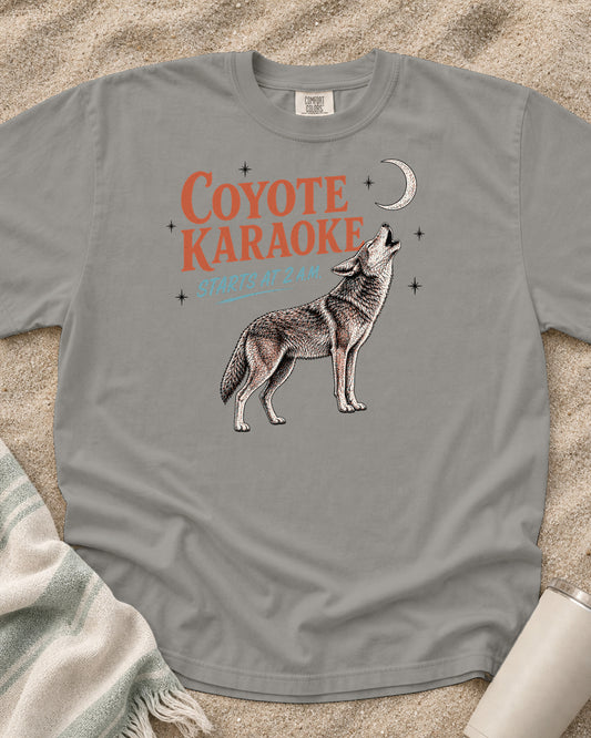 Grey Comfort Colors 1717 tee with Coyote Karaoke Starts at 2 A.M graphic.