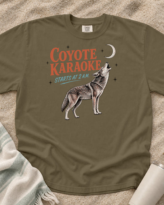 Khaki Comfort Colors 1717 tee with Coyote Karaoke Starts at 2 A.M graphic.
