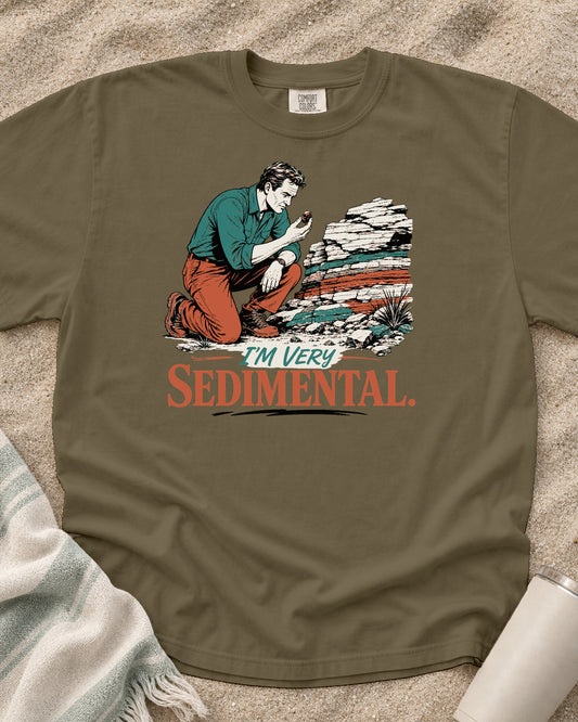 Khaki Comfort Colors 1717 tee with I'm Very Sedimental graphic.