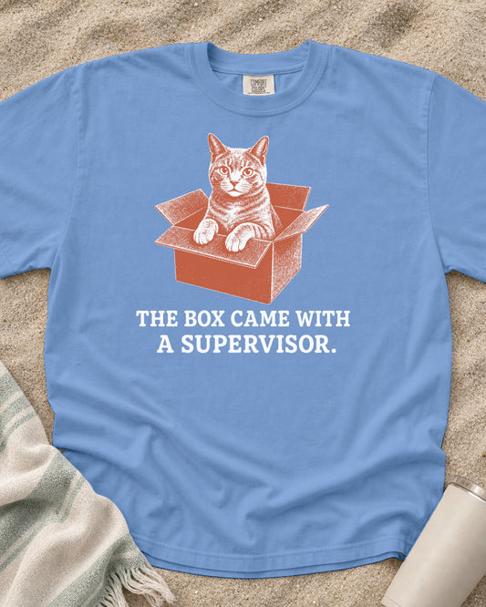 Washed Denim Comfort Colors 1717 tee with The Box Came With a Supervisor graphic.