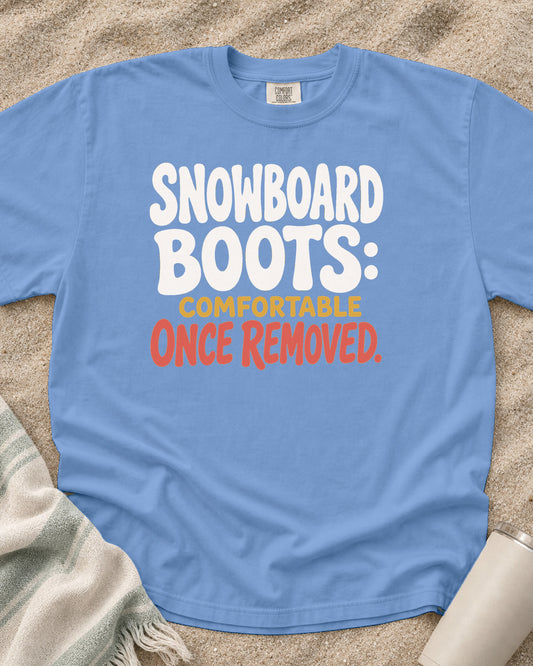 Washed Denim Comfort Colors 1717 tee with Snowboard Boots: Comfortable Once Removed graphic.