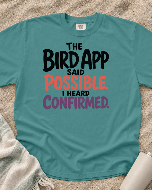 Seafoam Comfort Colors 1717 tee with The Bird App Said Possible. I Heard Confirmed graphic.