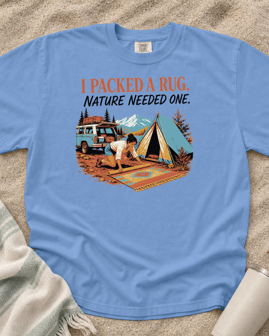 Washed Denim Comfort Colors 1717 tee with Nature Needed a Rug graphic.