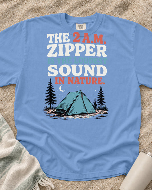 Washed Denim Comfort Colors 1717 tee with The 2 A.M. Zipper graphic.