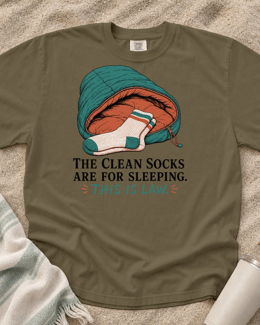 Khaki Comfort Colors 1717 tee with The Clean Socks Are for Sleeping graphic.