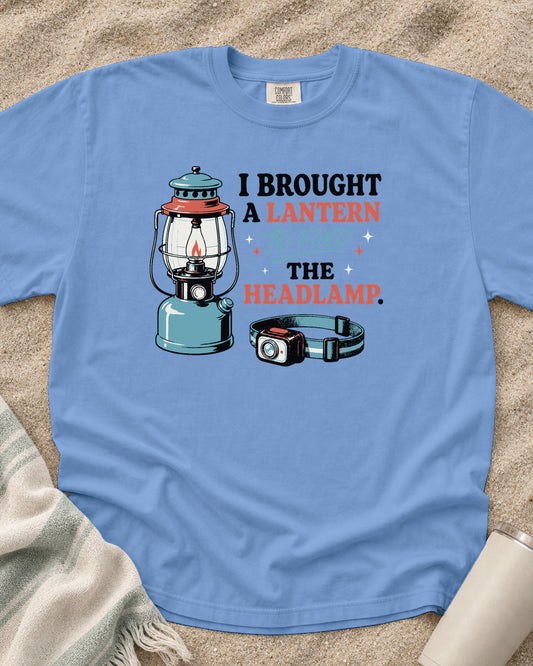 Washed Denim Comfort Colors 1717 tee with A Lantern to Find the Headlamp graphic.