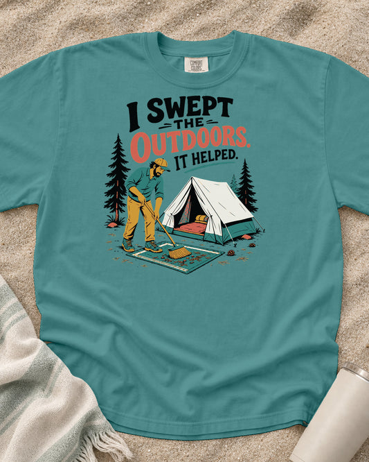 Seafoam Comfort Colors 1717 tee with I Swept the Outdoors graphic.
