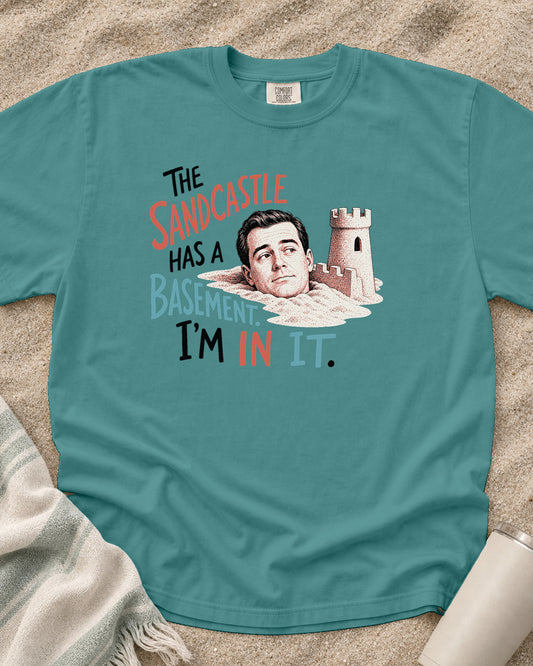 Seafoam Comfort Colors 1717 tee with The Sandcastle Has a Basement. I'm in It graphic.