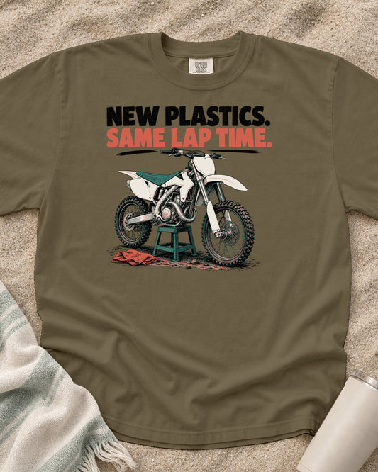 Khaki Comfort Colors 1717 tee with New Plastics. Same Lap Time graphic.