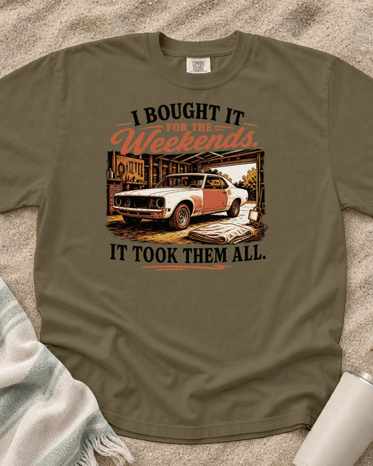 Khaki Comfort Colors 1717 tee with It Took Every Weekend graphic.