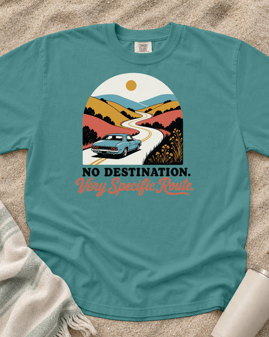 Seafoam Comfort Colors 1717 tee with No Destination, Very Specific Route graphic.