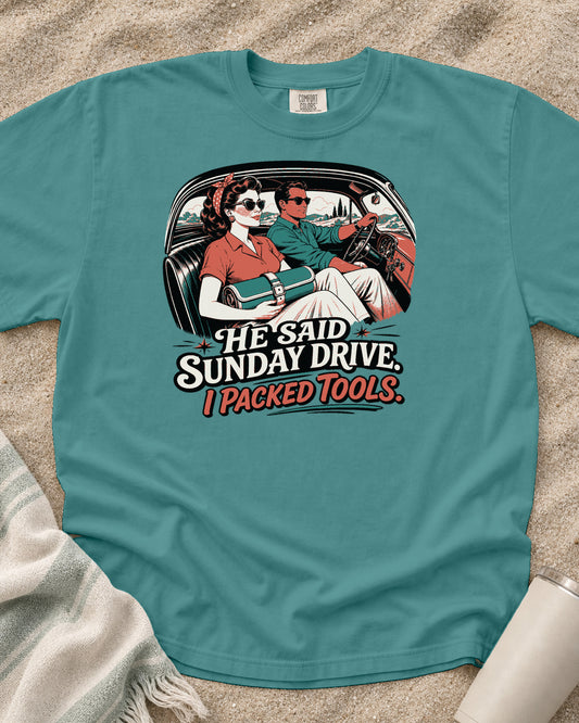 Seafoam Comfort Colors 1717 tee with Sunday Drive, Packed Tools graphic.