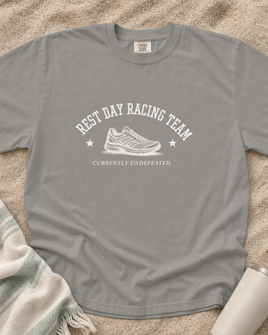 Grey Comfort Colors 1717 tee with Rest Day Racing Team graphic.