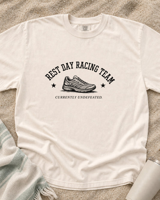Ivory Comfort Colors 1717 tee with Rest Day Racing Team graphic.