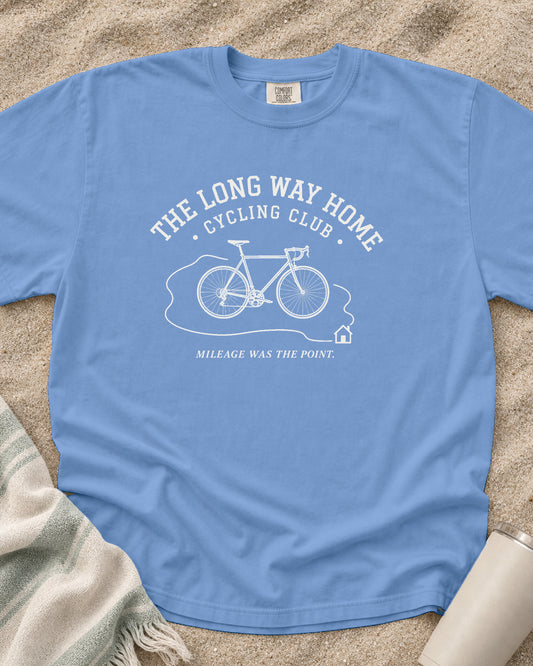 Washed Denim Comfort Colors 1717 tee with The Long Way Home Cycling Club graphic.