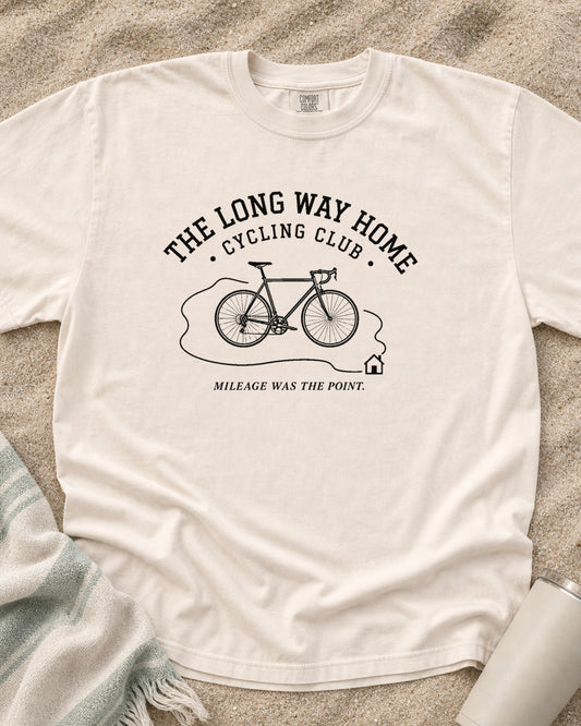 Ivory Comfort Colors 1717 tee with The Long Way Home Cycling Club graphic.
