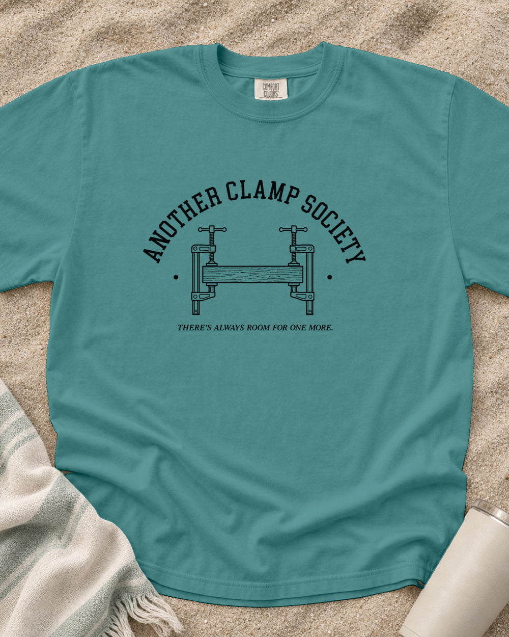 Seafoam Comfort Colors 1717 tee with Another Clamp Society graphic.