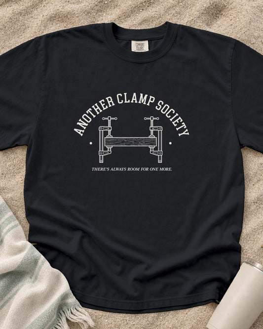 Graphite Comfort Colors 1717 tee with Another Clamp Society graphic.