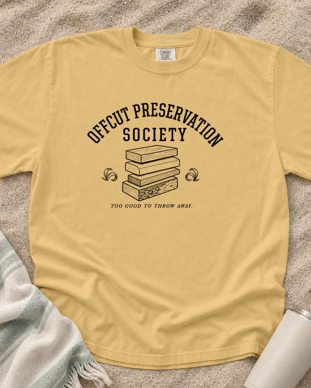 Mustard Comfort Colors 1717 tee with Offcut Preservation Society graphic.