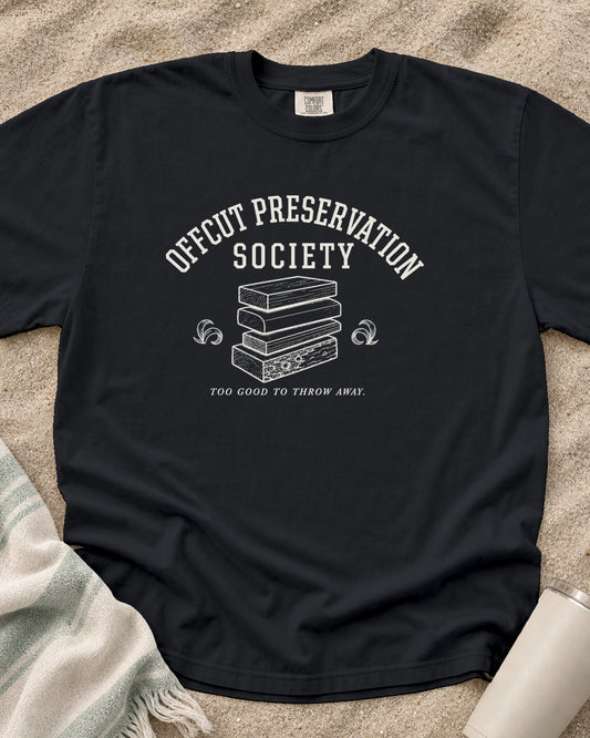 Graphite Comfort Colors 1717 tee with Offcut Preservation Society graphic.