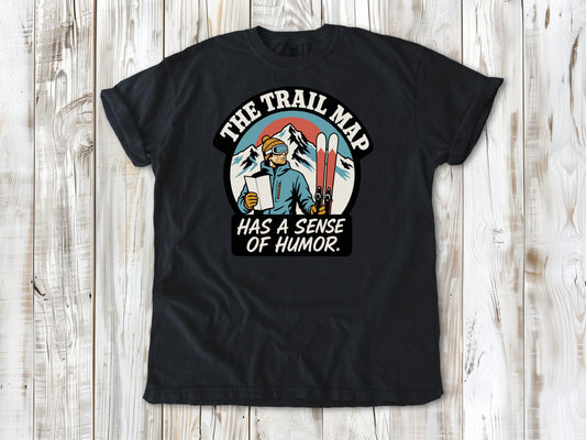 Washed Denim garment-dyed tee with The Trail Map Has a Sense of Humor hiking graphic.