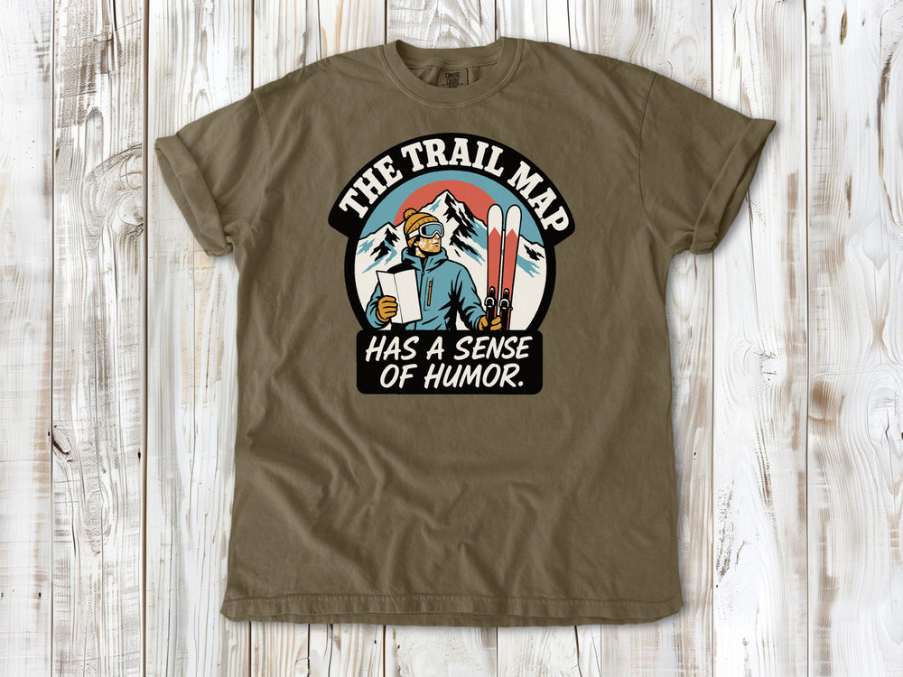 Graphite garment-dyed tee with The Trail Map Has a Sense of Humor hiking graphic.