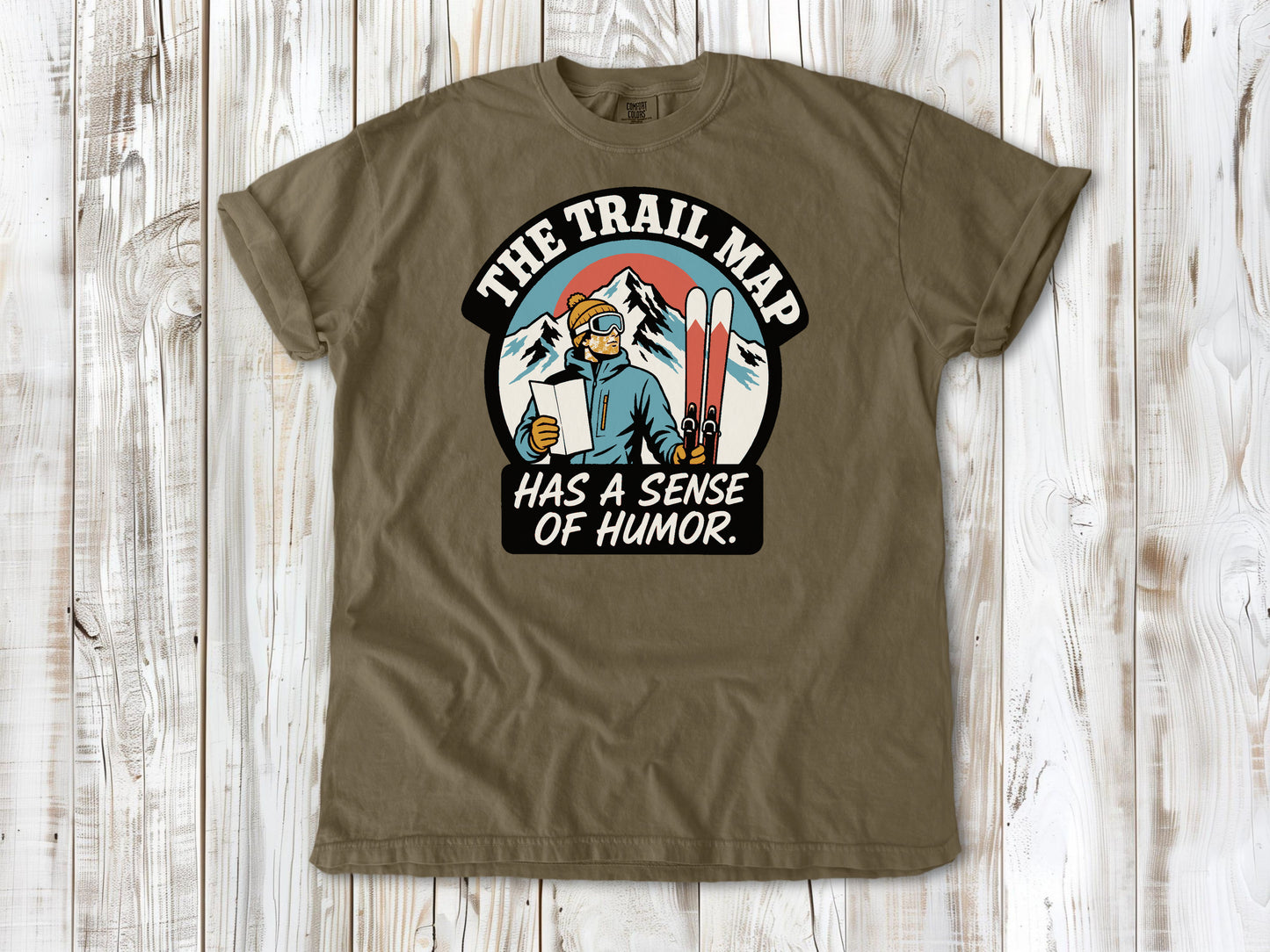 Graphite garment-dyed tee with The Trail Map Has a Sense of Humor hiking graphic.