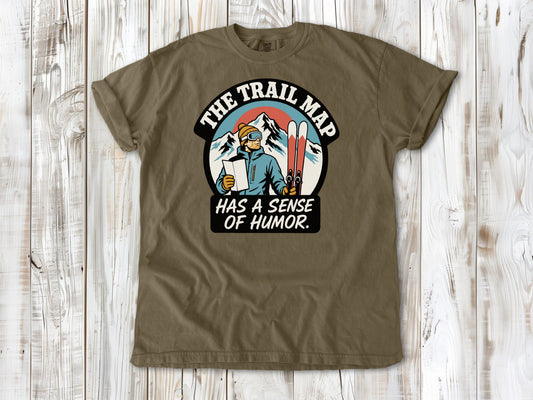 Graphite garment-dyed tee with The Trail Map Has a Sense of Humor hiking graphic.