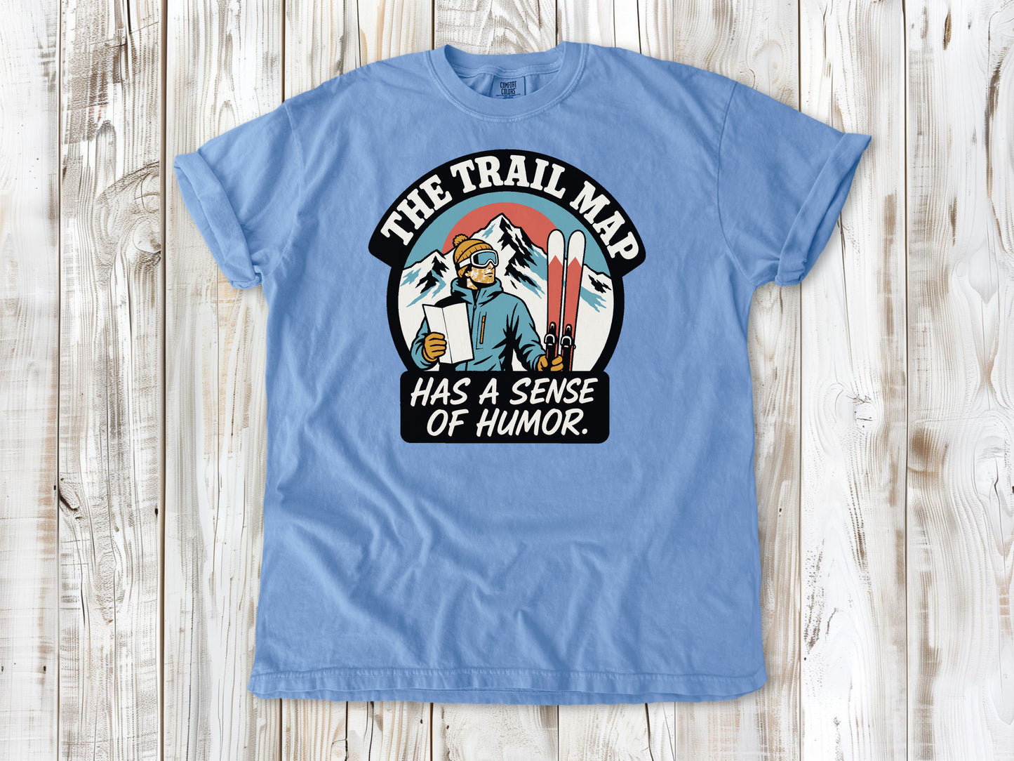 Pepper garment-dyed tee with The Trail Map Has a Sense of Humor hiking graphic.