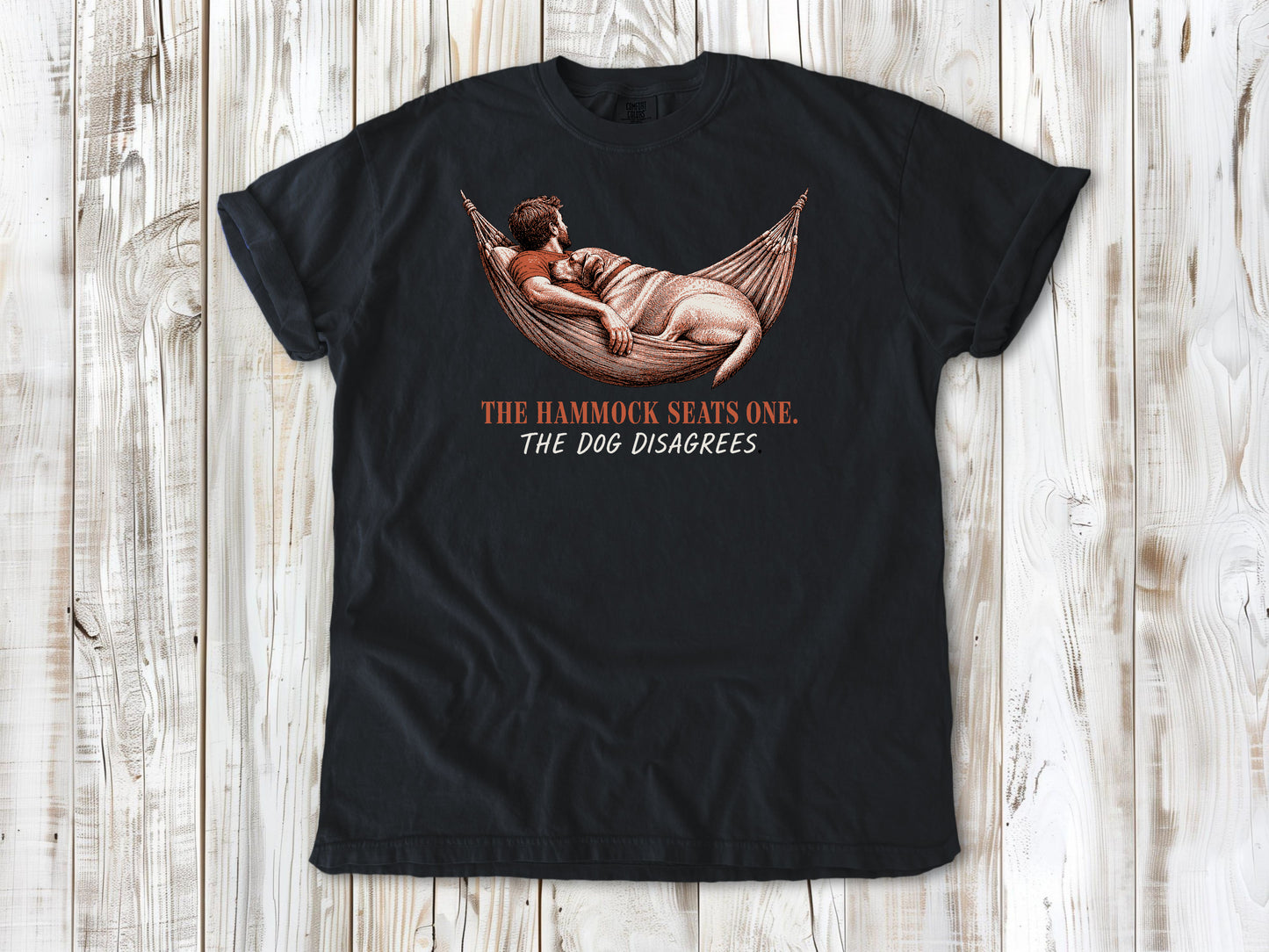 Washed Denim garment-dyed tee with The Hammock Seats One The Dog Disagrees dog graphic.