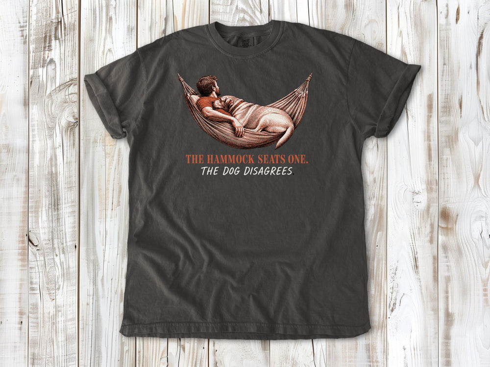 Ivory garment-dyed tee with The Hammock Seats One The Dog Disagrees dog graphic.