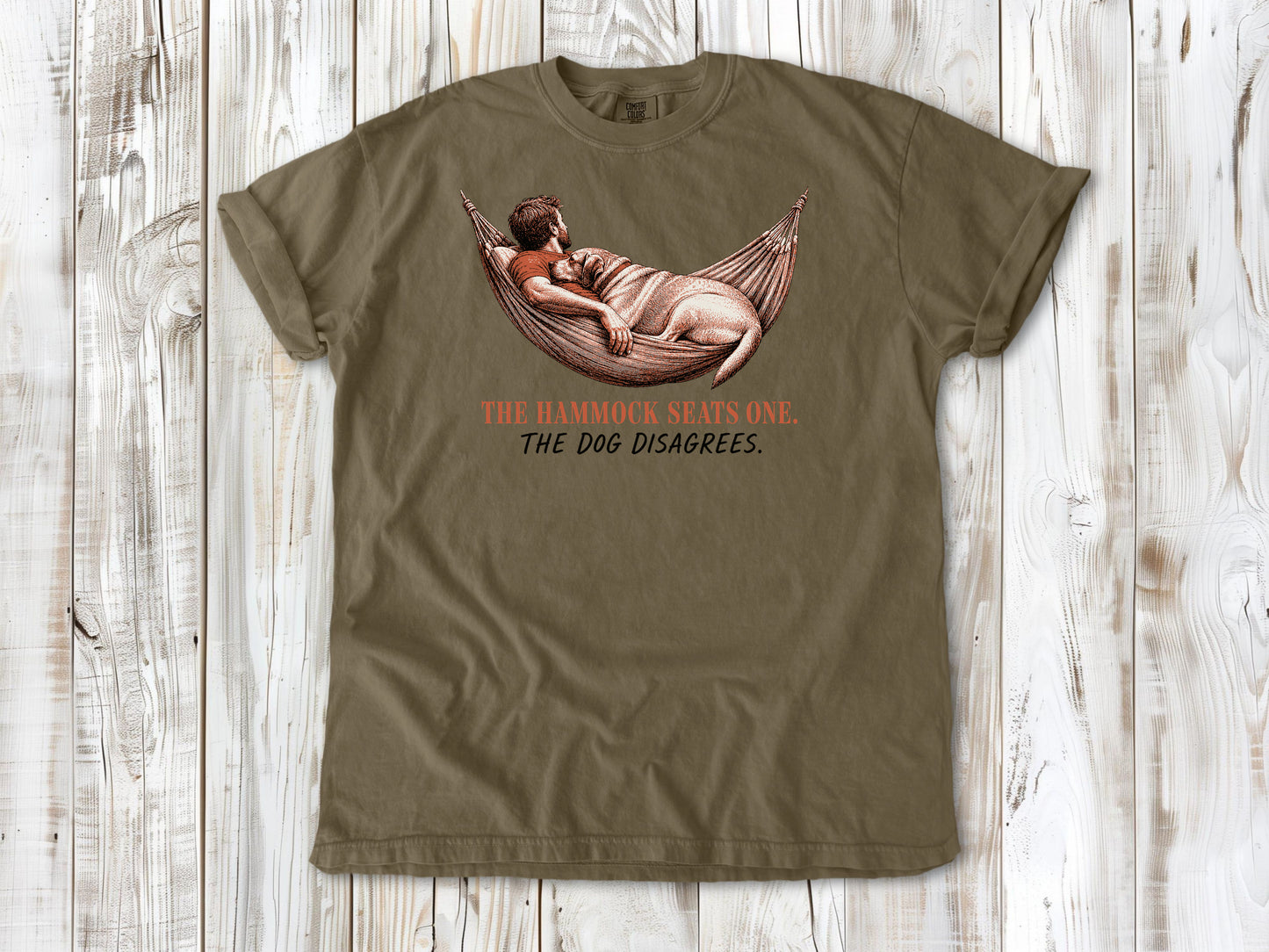 Graphite garment-dyed tee with The Hammock Seats One The Dog Disagrees dog graphic.